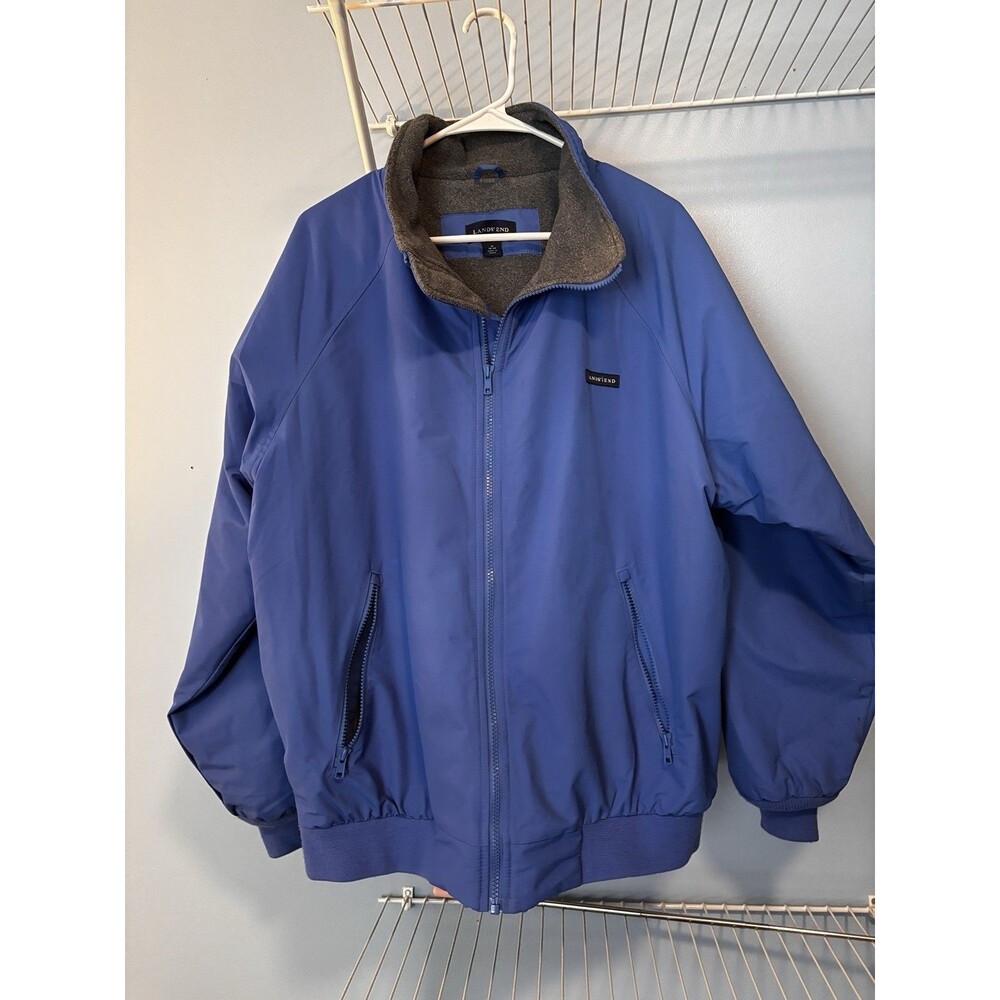 Lands' End Bomber Style Blue Gray Fleece Full Zip Coat Jacket Size Medium